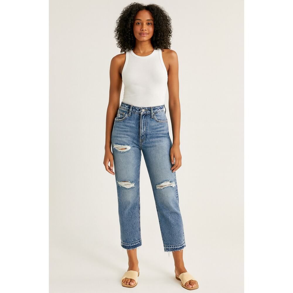 WE THE FREE distressed high rise raw hem straight leg crop jeans size 26